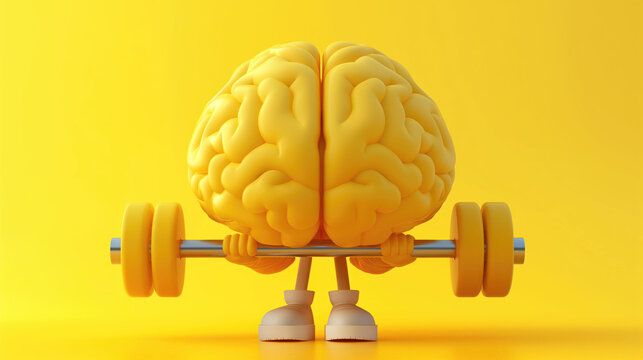 Closeup 3d style cartoon human brain character lifting weight on isolated yellow background