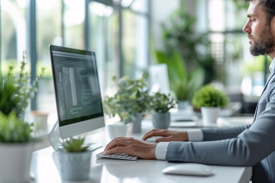 A focused individual is engaged with computer coding in a modern office setup surrounded by green plants
