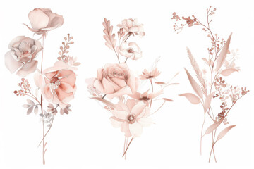 Vintage watercolor flowers for decorating wedding cards. 