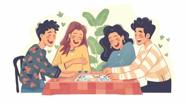 Multicultural friends engaged in board game, joyful interaction at home, strategy and fun in leisure time, group of young adults sharing smiles during tabletop play, friendship and entertainment.
