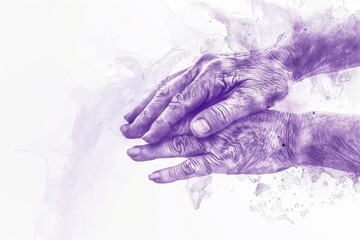 Image of elderly hands touching in purple watercolor, in the style of dreamlike illustrations, grit and grain, intricate black and white illustrations, World Elder Abuse Awareness Day.