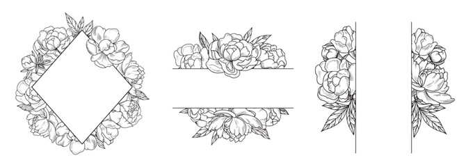 Set of vector vertical and horizontal frames with exquisite peony flowers. Graphic linear drawing on a white background. Suitable for invitations, wedding decorations, cards © Elena