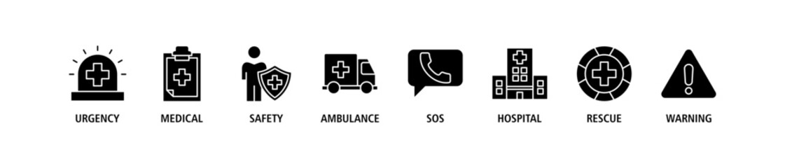 Emergency banner web icon set vector illustration concept with icon of urgency, medical, safety, ambulance, sos, hospital, rescue, and warning