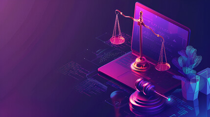 Ai digital technology intellectual property attorney scale of balance on display from a laptop - obrazy, fototapety, plakaty