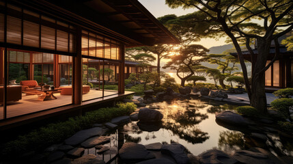 Obraz premium 3D render, Exterior design concept, Japanese Resort by the Natural background, Retreat and Relax Space. travel and vacation background