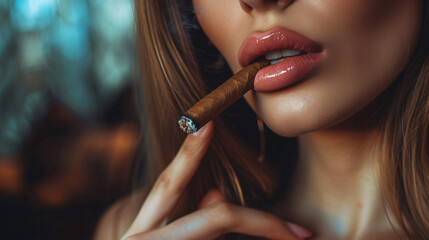 Closeup of a Woman Holding a Cigar in Her Lips.