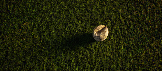 Worn old football on artificial grass. Lit by sunlight. - 745930943