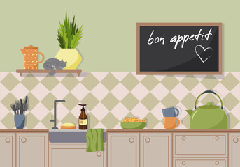 Frame of a modern kitchen. Kitchen utensils - kettle, cups, cutlery and bowl with cookies. Sink and dishware, cabinets. Chalk board with greeting. Flat vector.