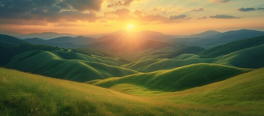Fototapeta na wymiar The sun setting over lush, undulating green hills, creating a peaceful and surreal landscape
