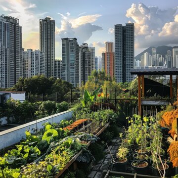 Experience sustainable urban architecture with a high-rise building boasting a lush rooftop garden against the backdrop of a city skyline, blending modernity with eco-conscious design.