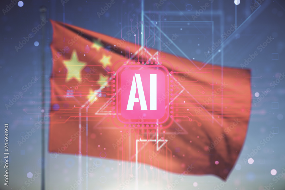 Aufkleber double exposure of creative artificial intelligence icon on flag of china and sunset sky background.