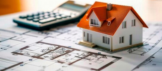 a small model house sitting on top of a blueprint and a calculator , architectural plans , construction mortgage and real state concept, horizontal background, home construction plan 
