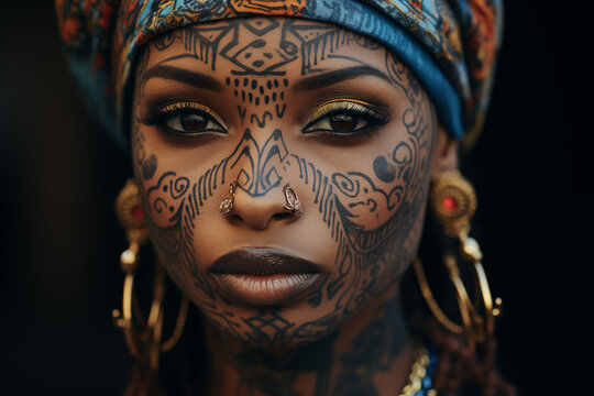 Close-up of a black woman's face featuring intricate traditional and contemporary styled facial tattoos.