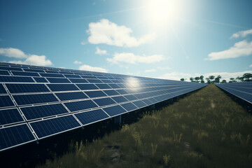 Solar panels in a field. Renewable energy. Energy saving. Installation of solar panels. Electricity with the sun.