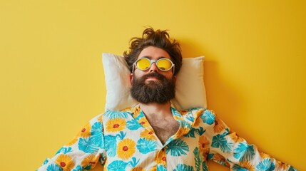 Closeup young bearded man in pajamas and sunglasses lying with pillow on isolated yellow background - obrazy, fototapety, plakaty