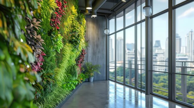 Green living wall with perennial plants in modern office space with big windows