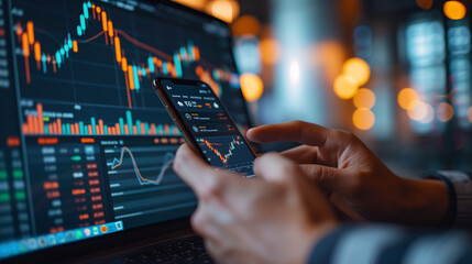 Close-up of investor hands using smartphone app and laptop to study financial statistics and market trends for trading.