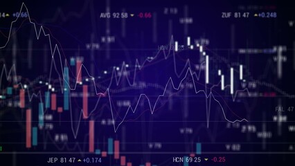 Closeup stock chart on dark background, electric blue font