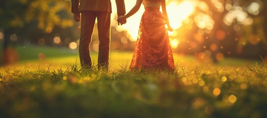 A tender moment captured of a couple holding hands backlit by the warm sunset in a serene park - Powered by Adobe