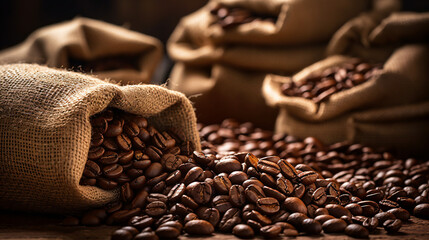 Coffee Beans in Bags. Fresh Coffee Beans Background. - obrazy, fototapety, plakaty