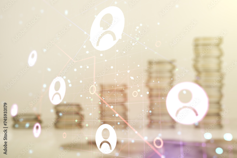 Poster double exposure of social network icons hologram on growing coins stacks background. networking conc
