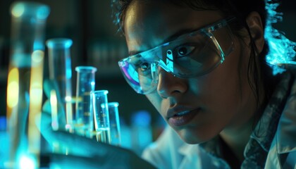 Laboratory technician bioengineer in futuristic lab making scientific research with state of the art equipment wearing safety gown and transparent glasses
