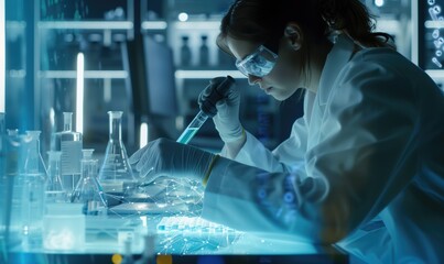 Laboratory technician bioengineer in futuristic lab making scientific research with state of the art equipment wearing safety gown and transparent glasses
