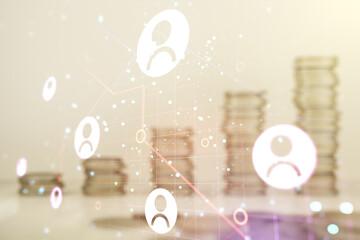 Fototapeta premium Double exposure of social network icons hologram on growing coins stacks background. Networking concept