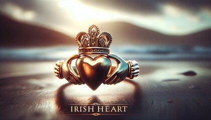 "Claddagh Ring with 'Irish Heart' Typography: Symbol of Love and Loyalty"