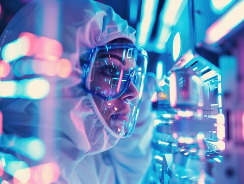 Laboratory technician bioengineer in futuristic lab making scientific research with state of the art equipment wearing safety gawn and transparent glasses