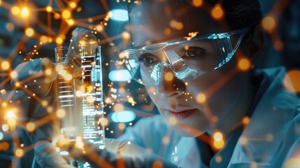 Laboratory technician bioengineer in futuristic lab making scientific research with state of the art equipment wearing safety gown and transparent glasses with digital glowing overlay