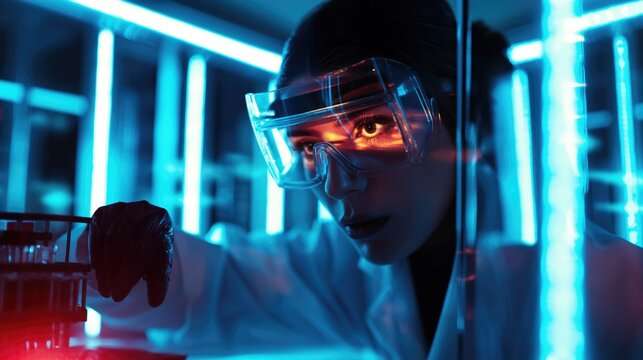 Laboratory technician bioengineer in futuristic lab making scientific research with state of the art equipment wearing safety gawn and transparent glasses