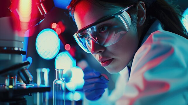 Laboratory technician bioengineer in futuristic lab making scientific research with state of the art equipment wearing safety gawn and transparent glasses