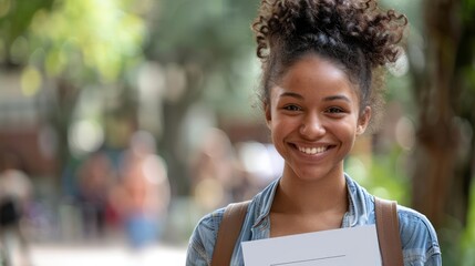 Smiling Young African American Woman Holding a Book Outdoors in a Busy Campus Setting
