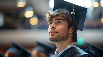 Confident Young Man in Graduation Cap Looking Forward with Hope and Ambition at Commencement Ceremony