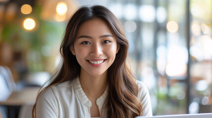 Obraz premium A young Asian woman with a captivating smile, dressed casually, enjoys a relaxed moment in a café with warm ambient lighting.