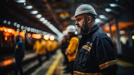 A pensive worker in high-visibility clothing and a hard hat stands on a bustling subway platform, with the motion of commuters in the background.