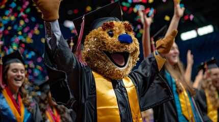 Joyful Student in Bear Mascot Costume Celebrating Graduation Among Fellow Graduates with Caps and Confetti