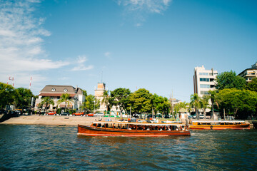 Panoramic view of Boats at Tigre River - Tigre, Buenos Aires, Argentina - obrazy, fototapety, plakaty