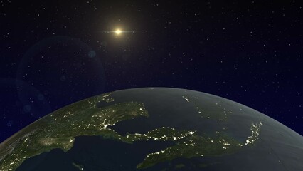 a view of the earth from space at night with the sun in the background