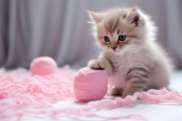 Striped fluffy kitten plays with a pink ball and a skein of thread in a bright room. - obrazy, fototapety, plakaty