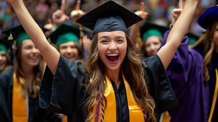 Excited Young Female Graduate Celebrating Success at Commencement Ceremony with Fellow Graduates