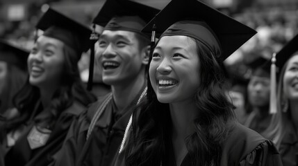 Group of Diverse Graduates in Cap and Gown Celebrating Graduation Day, Joyful Academic Achievement, University Commencement Ceremony