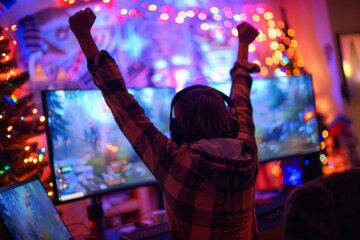 Gamer celebrating a victory at a computer setup with vibrant LED lighting