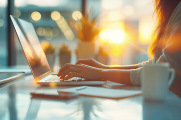 A focused professional types on a laptop with a sunset background, depicting modern work flexibility. - obrazy, fototapety, plakaty