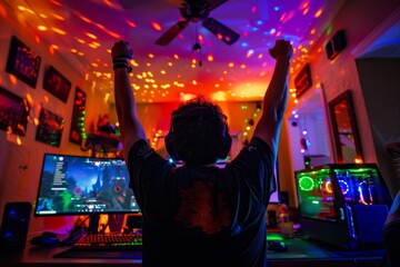 Gamer celebrating a victory at a computer setup with vibrant LED lighting