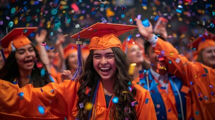 Joyful University Graduation Ceremony with Excited Students in Orange Caps and Gowns Celebrating with Confetti - obrazy, fototapety, plakaty