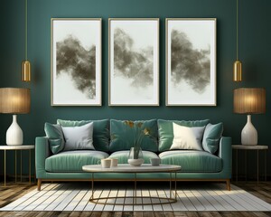 3 poster frames in green living Room.