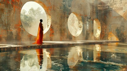 A lone figure stands before circular portals, reflecting on the water's surface at dusk.