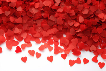 Sparse red hearts confettis on a white surface